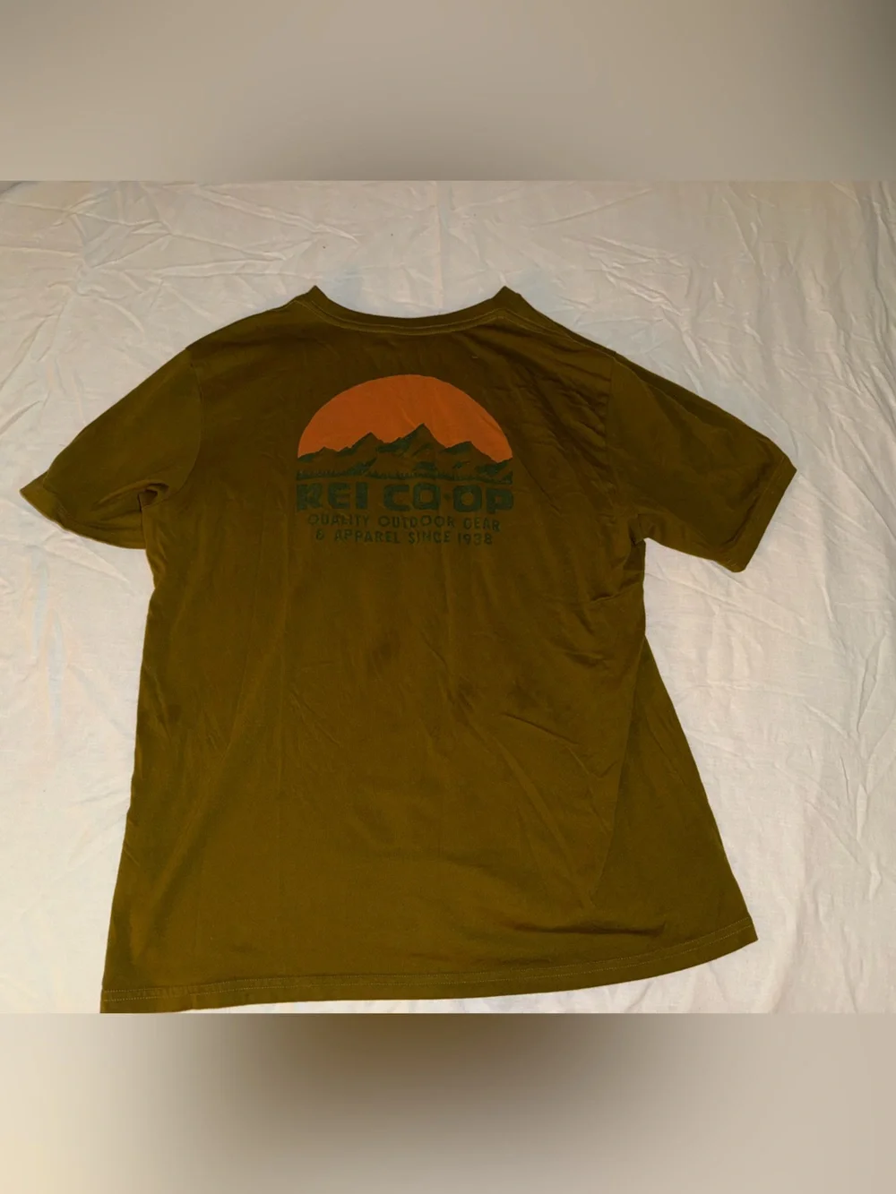 REI Co-op Olive Green Graphic T‑Shirt with Orange Mountain Print
